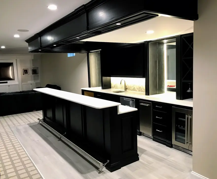Completed home wet bar with integrated lighting and electrical work by Atler Electric